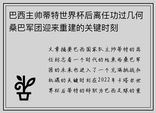 巴西主帅蒂特世界杯后离任功过几何桑巴军团迎来重建的关键时刻 巴西主帅蒂特世界杯后离任功过几何桑巴军团迎来重建的关键时刻
